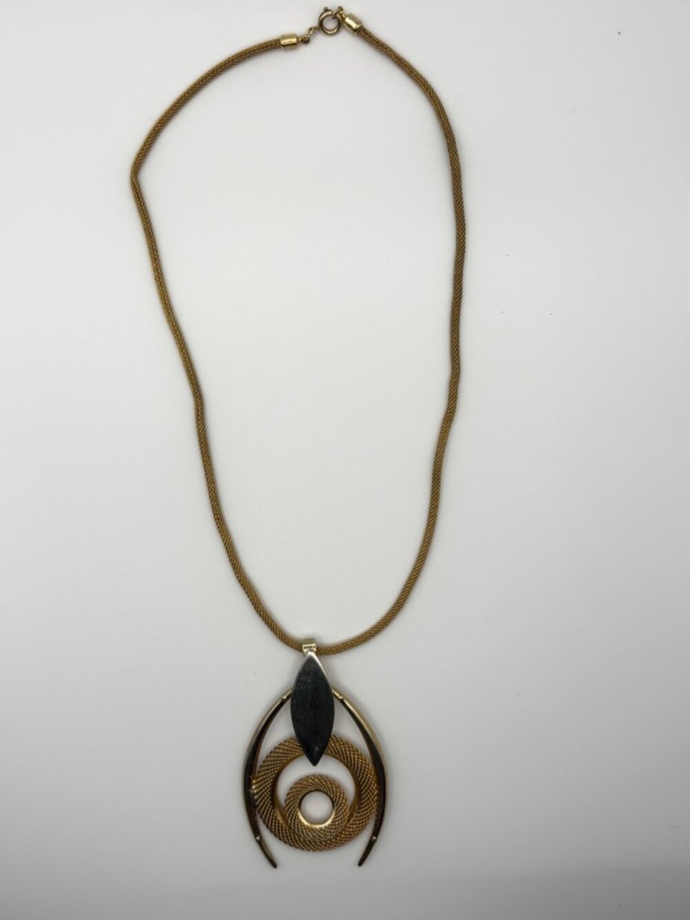 Vintage Mid Century Modern Gold Tone Mesh Chain Pendant Necklace Statement 24 in